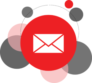 Illustration of email in cloud. White email logo in red circle.