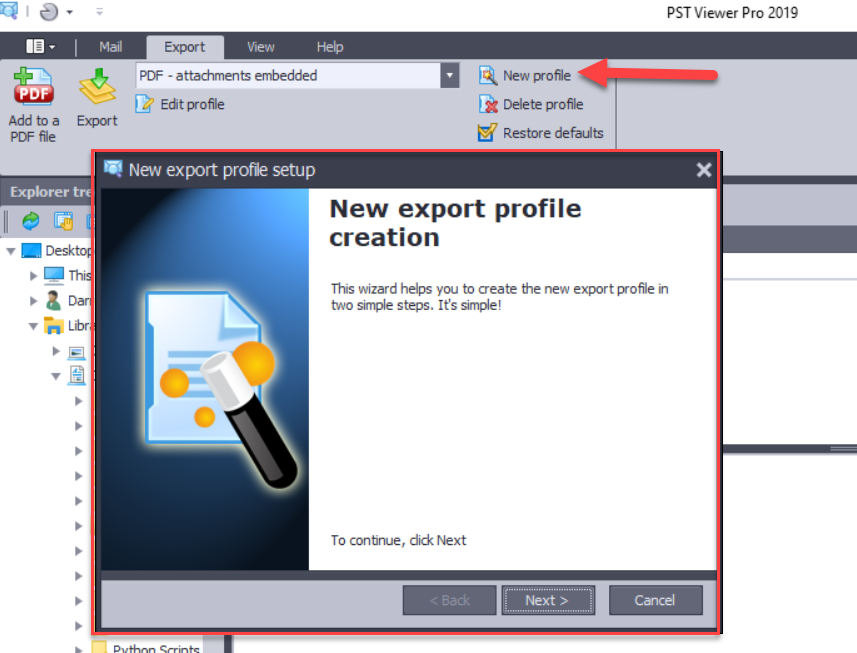 PstViewer Pro Export tab, showing location of "New Profile" button and the "New export profile setup" button.