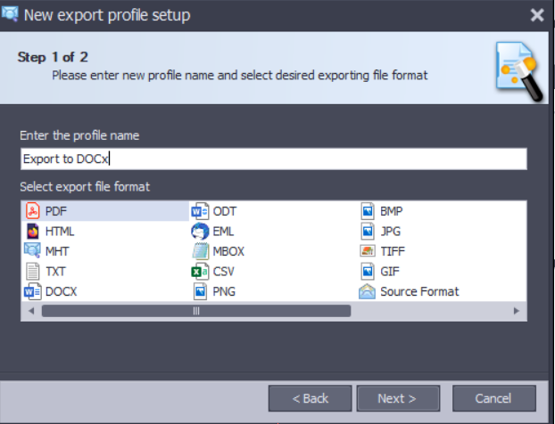 PstViewer Pro export profile setup, step 1"  "Enter a name for the profile" and select export file format.