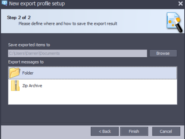 Define where and how to save the results of your email export operation.