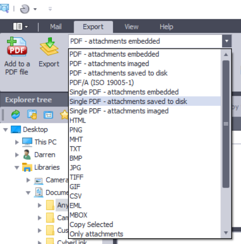 Screen image of PstViewer Pro Export drop down list, showing PDF, HTML, and many other email export file targets.