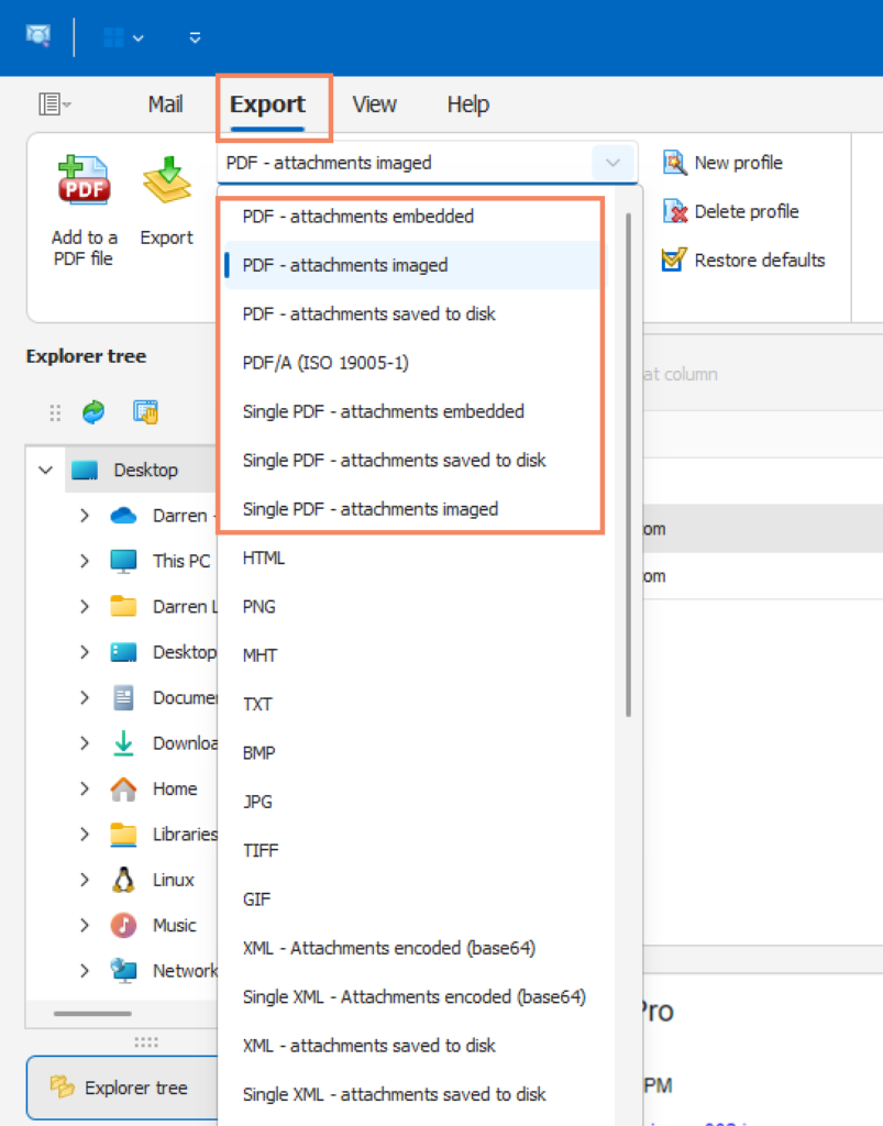 Pst Viewer Pro screen image showing the different PDF export profiles, including PDF - attachments embedded, PDF- attachments imaged, PDF- attachments saved to disk, PDF/A, Single PDF - attachments embedded, single PDF - attachments saved to disk, Single PDF - attachments imaged.