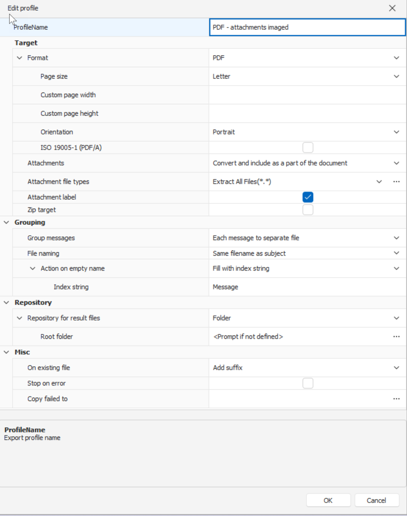 Screen image of the Edit Profile window, Some of the things that can be changed here include export file format, page size, custom page size and height, orientation (portrait is selected), what to do with file attachments (selected is 'convert and include as a part of the document'), specify by file attachment types, naming options for the PDF files, where to save the files, and much more.