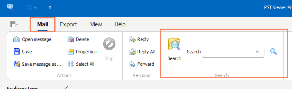 A screen image showing the location of the MBOX Search function on the Mail tab.  Other items visible include Open Message, Save, Delete, Properties, Select All., Reply, Forward, Reply All.