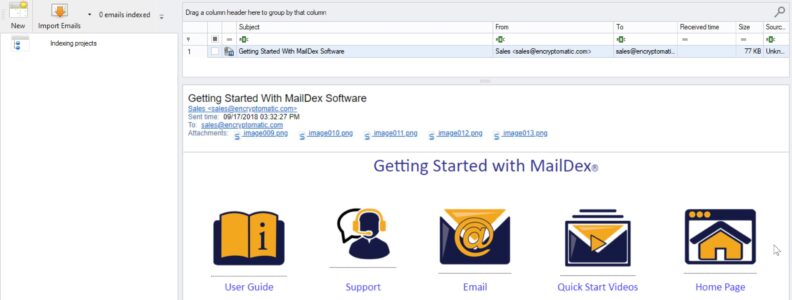 An image of the opening screen of MailDex, with links to helpful information.